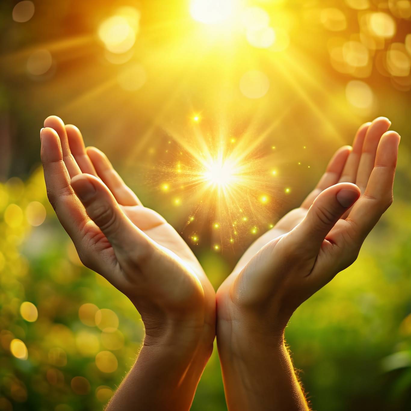 Warm golden light pours down on two gentle hands stretching upwards, fingers unfolding like petals, in a serene and hopeful symbolic gesture of connection and aspiration.