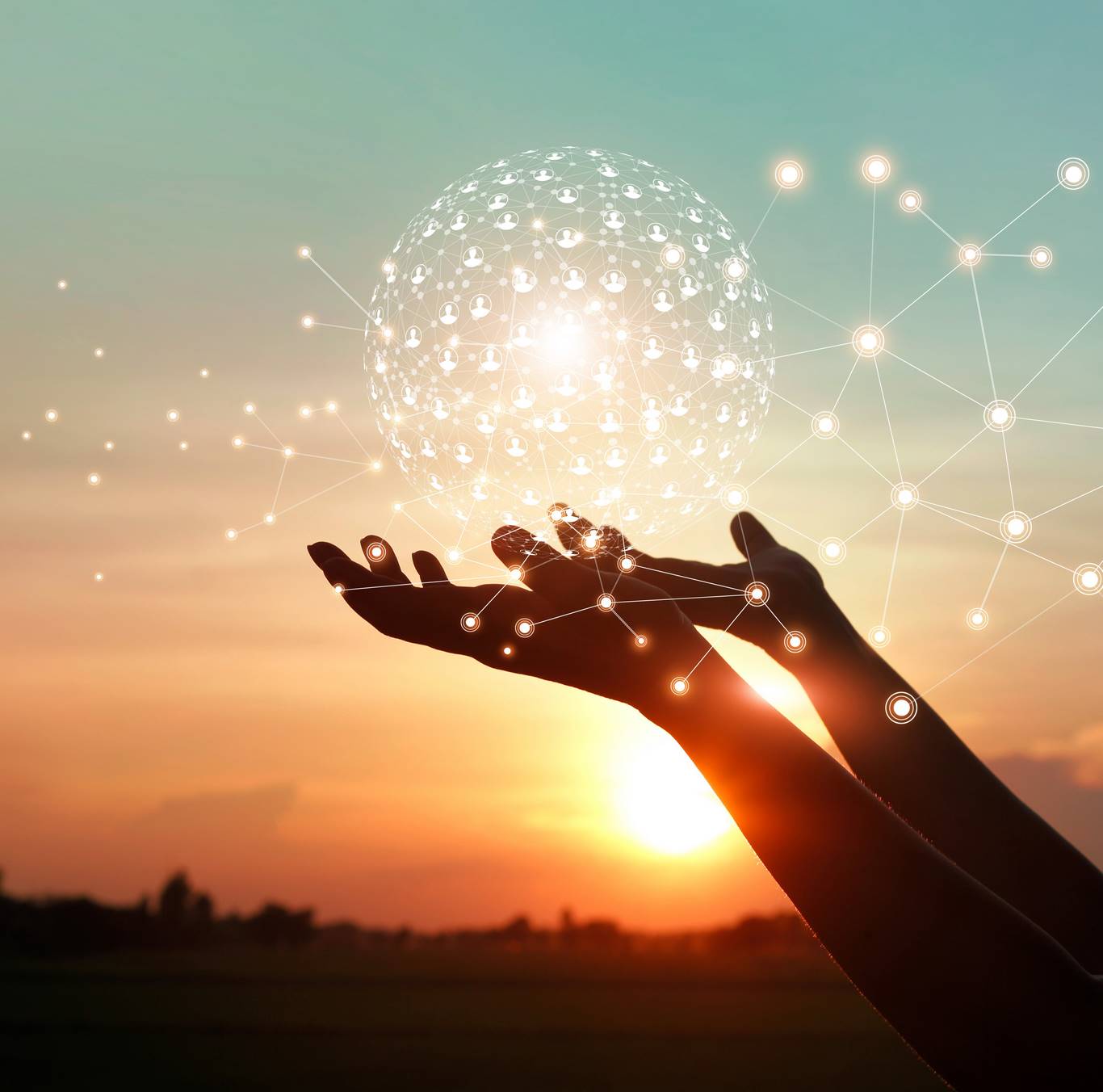 Man hands holding global network and data customer connection on